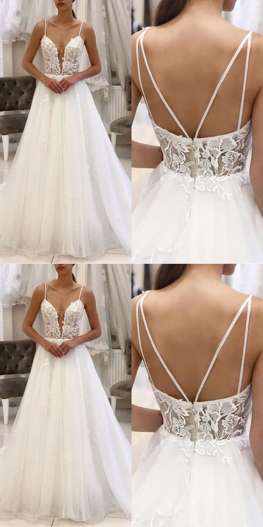 Sexy Deep V Neck Spaghetti Straps Lace and Tulle Bride Wedding Dresses Prom Dress CD16612