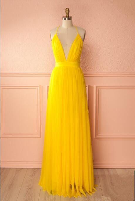 Yellow A Line Tulle Prom Dress, Long Evening Dress, Spaghetti Strap Formal Dresses CD16653