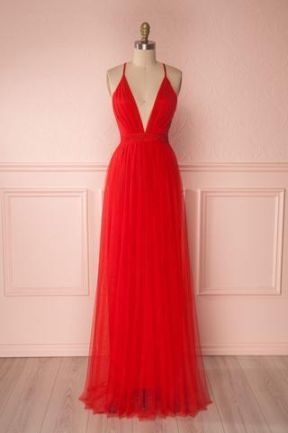 red A Line Tulle Prom Dress, Long Evening Dress, Spaghetti Strap Formal Dresses CD16654