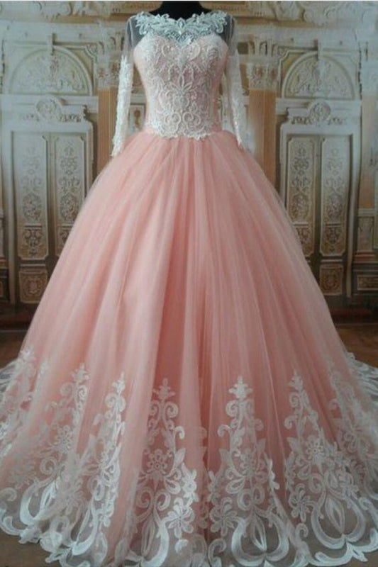 Blush Wedding Dresses Ball Gown Ivory Lace Long Sleeves prom dress CD16661