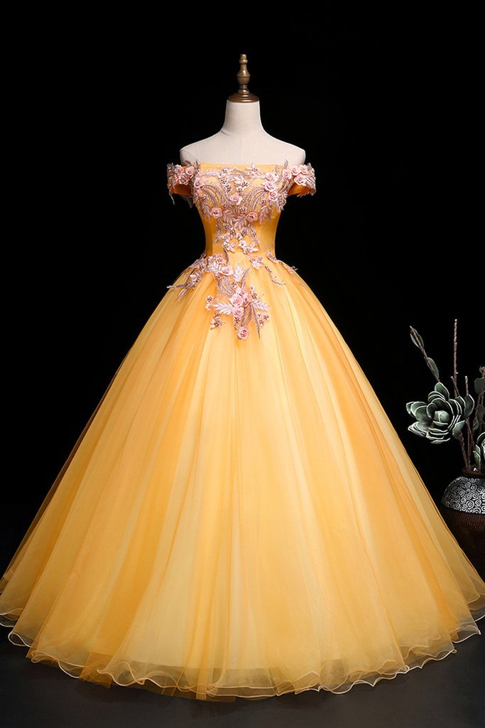 Yellow Tulle Off Shoulder Long Custom Size Senior Prom Dress, Evening Dress CD16709