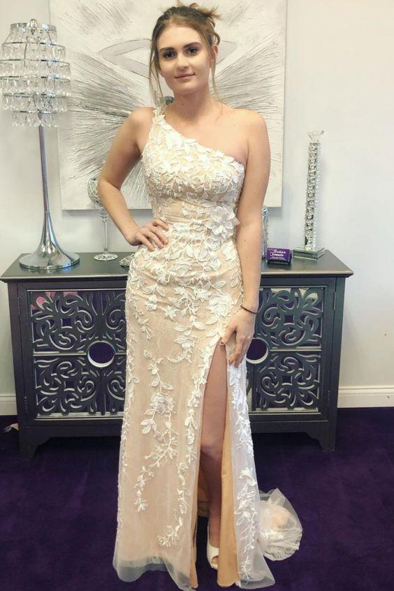 tight one shoulder ivory lace long formal dress with side slit prom dress CD16732