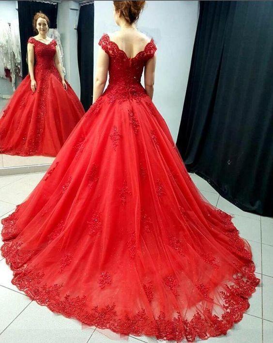 Off The Shoulder Ball Gown Red Lace Prom Dresses CD16757