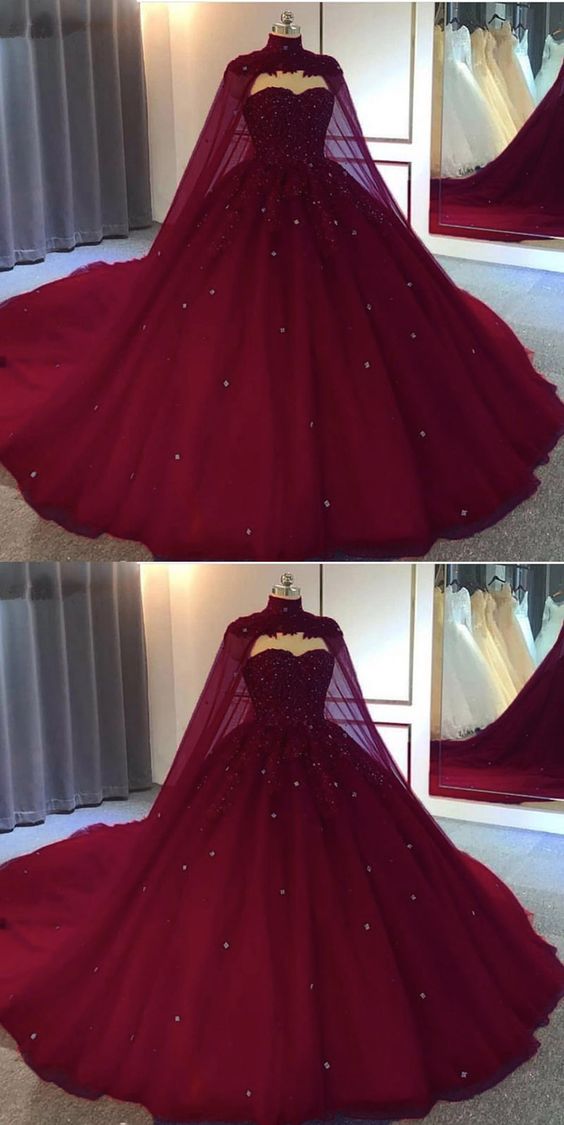 burgundy ball gown wedding dressTulle Prom Dresses CD16776