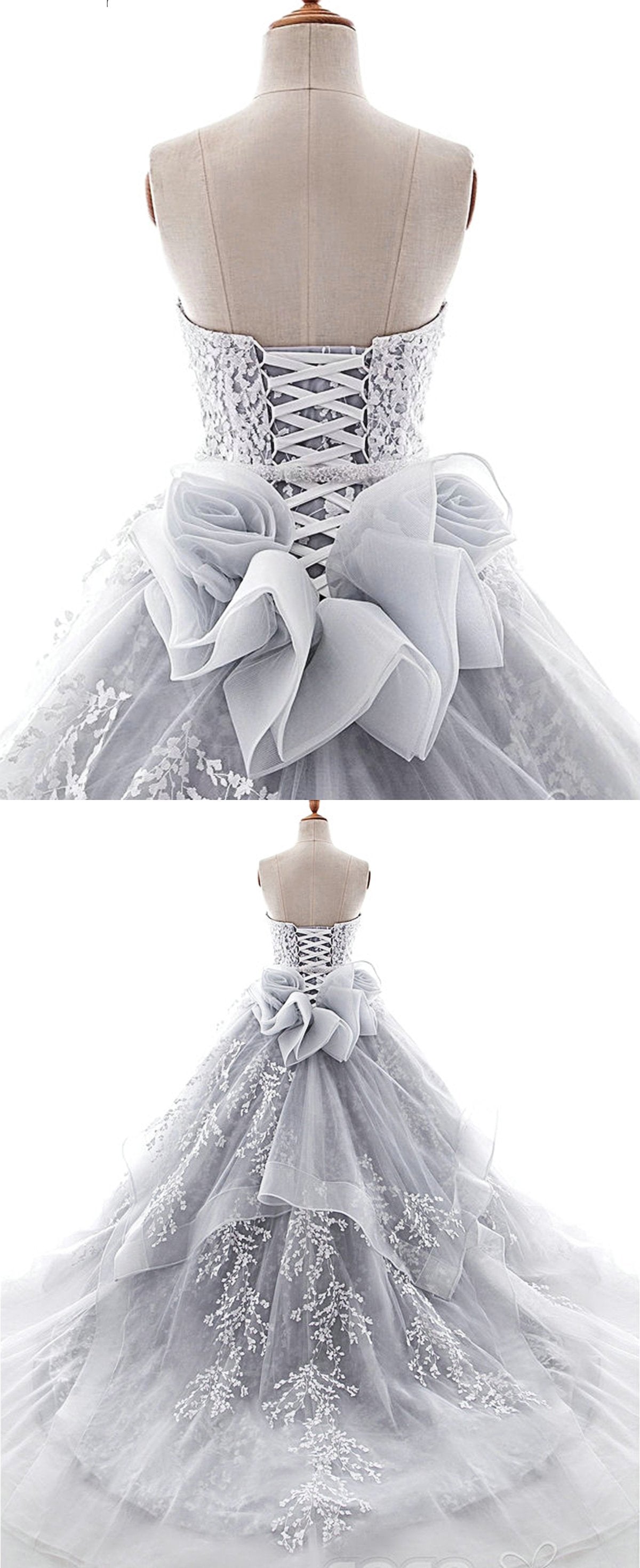Sweetheart Neck Gray Organza Lace Applique Long Formal Prom Dress, Evening Dress CD16799