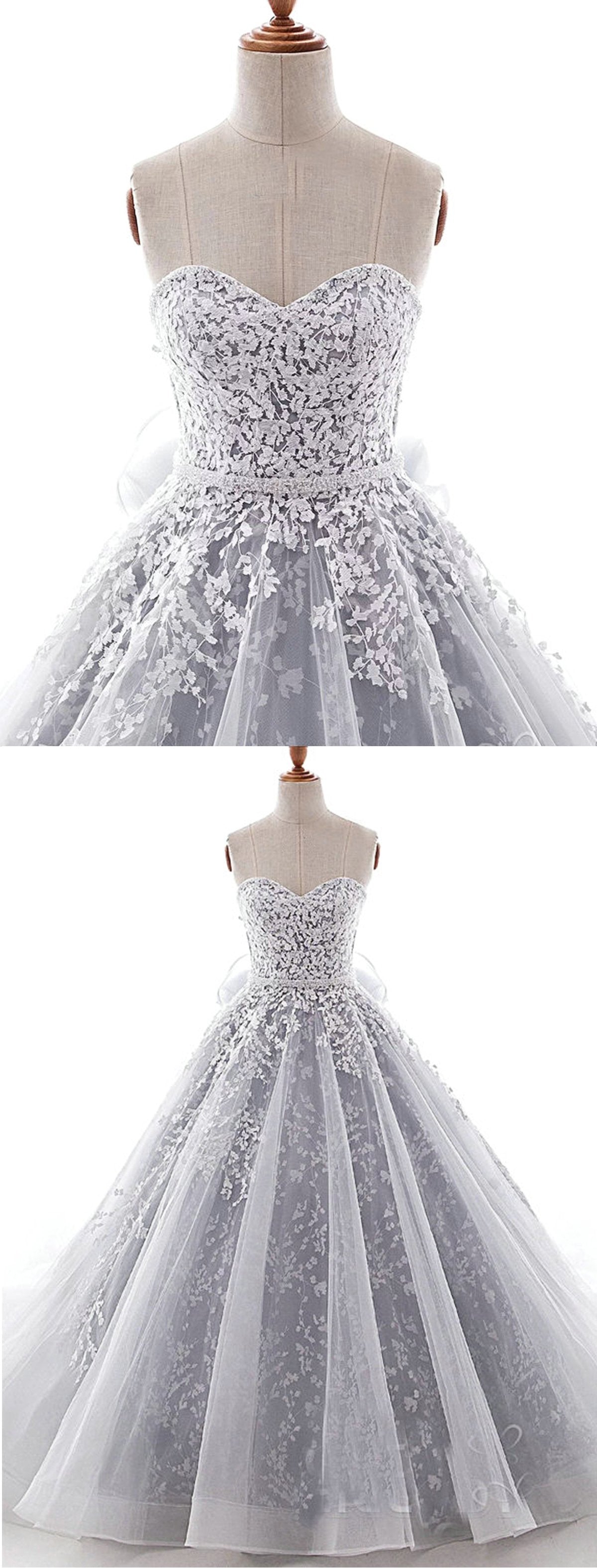 Sweetheart Neck Gray Organza Lace Applique Long Formal Prom Dress, Evening Dress CD16799