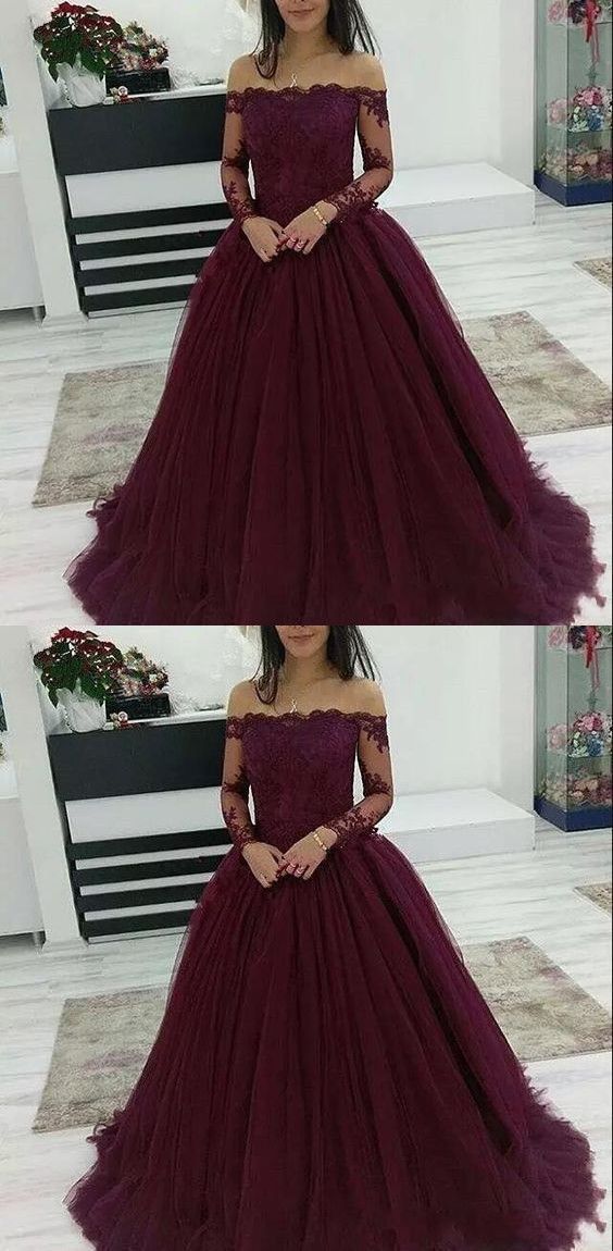 Burgundy Prom Dresses Off The Shoulder Lace Applique Long Sleeves Tulle Evening Dress CD16824