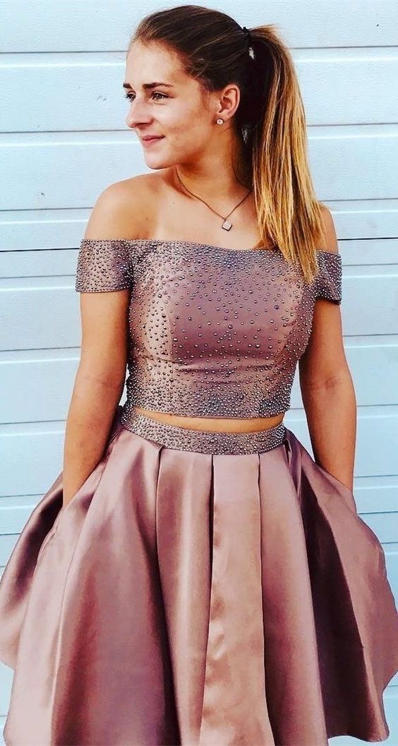 Two Piece Off Shoulder Short Homecoming Dresses Gowns CD1683