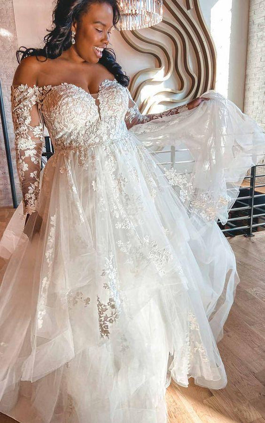 Off-Shoulder Lace Plus Size Prom Dress With Tiered Skirt CD16932
