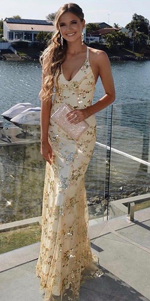 Gold Sequin Mermaid Backless V-Neck Prom Dresses CD1693