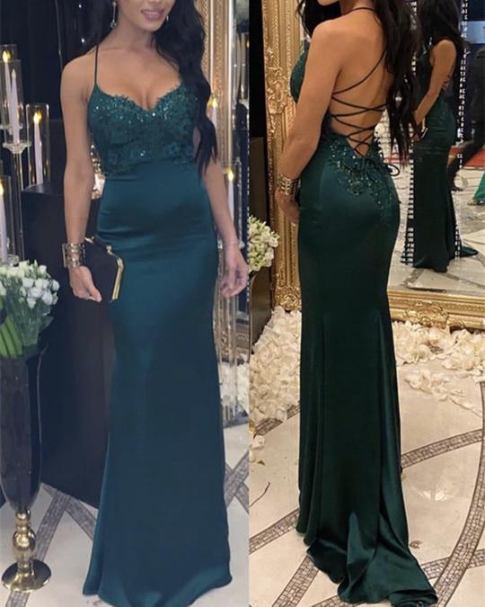 Open Back Satin Mermaid Prom Dresses Lace Appliques CD16956