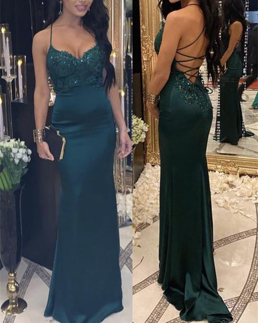 Open Back Satin Mermaid Prom Dresses Lace Appliques CD16956
