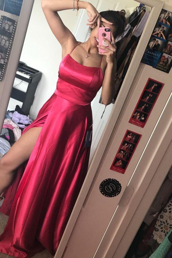 princess red satin long prom dress with side slit and lace up back CD16985