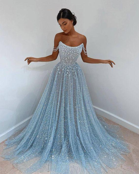 Blue tulle long prom dress, blue tulle evening dress CD17031