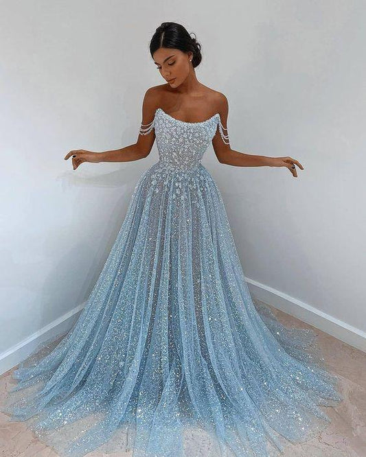 Blue tulle long prom dress, blue tulle evening dress CD17031