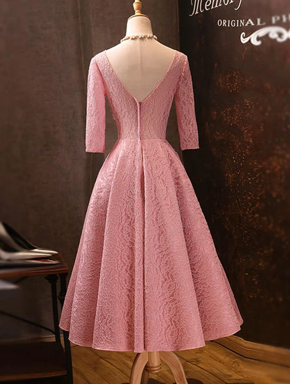 Pink V-Neckline Lace Short Sleeves Tea Length Wedding Party Dress, Short Prom Dress CD17057