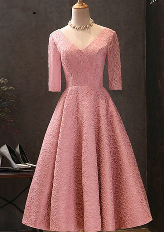 Pink V-Neckline Lace Short Sleeves Tea Length Wedding Party Dress, Short Prom Dress CD17057