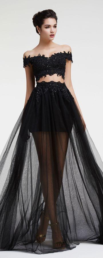 Black Lace Beaded Two Piece Prom Dresses CD1705