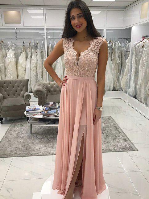 Pink Lace Chiffon Long Prom Dress CD17079