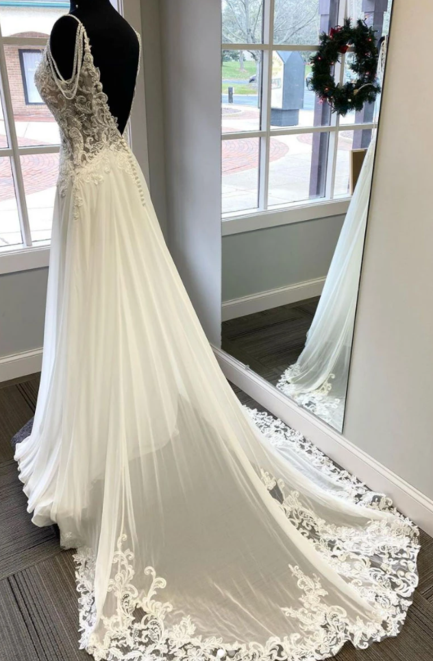 White v neck chiffon lace long prom dress, white evening dress CD17128