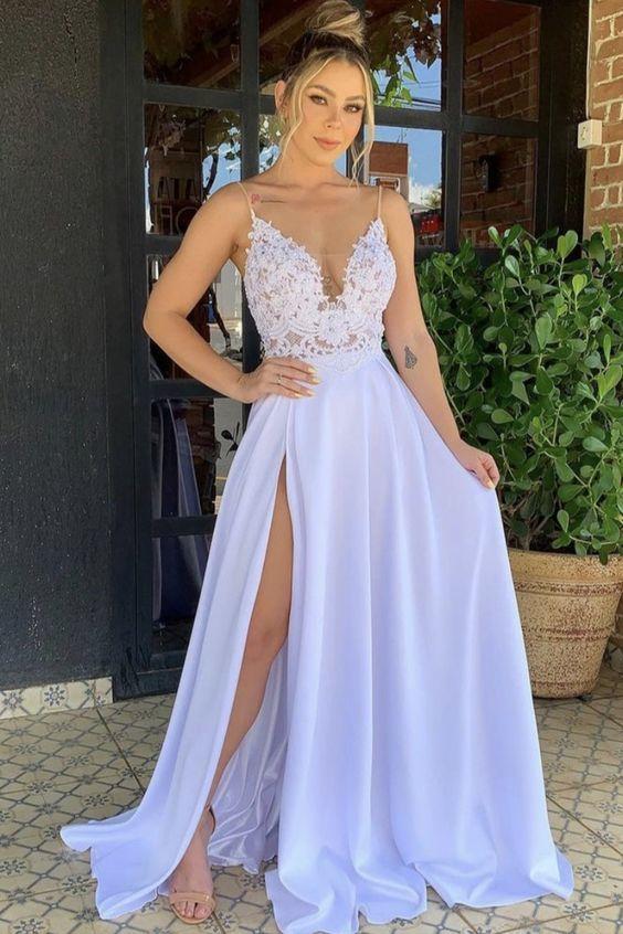Elegant lace plung neck boho dresses side split prom dress with spaghetti straps CD17142
