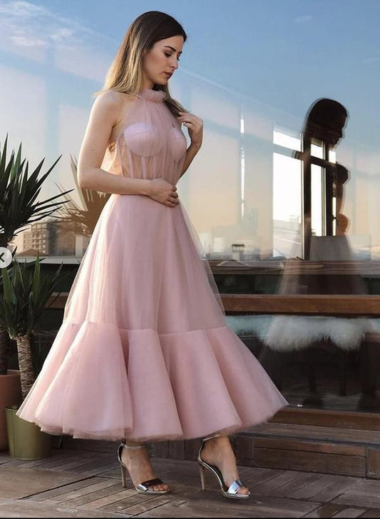 Pink tulle short prom dress CD17151