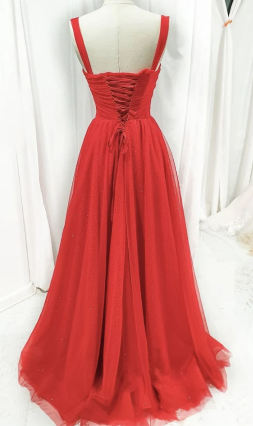 Red tulle long A line prom dress evening dress CD17198