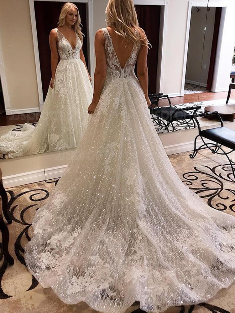 Luxurious Ball Gown V Neck Open Back White Lace Wedding Dresses, Elegant Bridal Gown Prom Dress CD17224