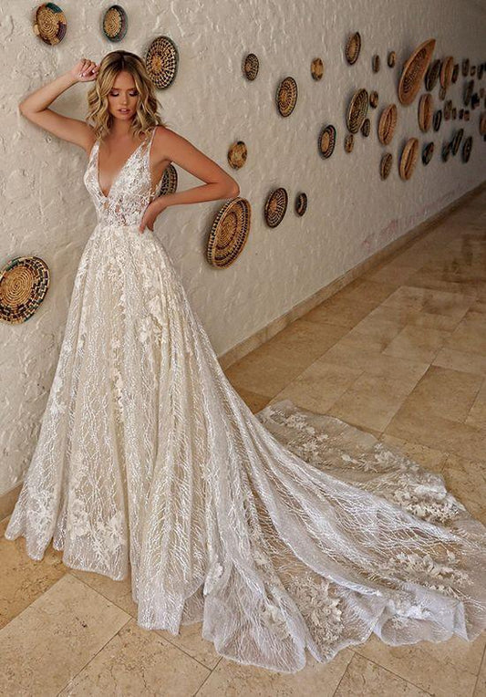 Luxurious Ball Gown V Neck Open Back White Lace Wedding Dresses, Elegant Bridal Gown Prom Dress CD17224
