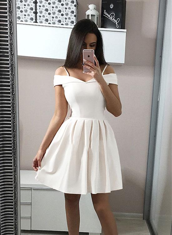 White satin short dress, white homecoming dress CD1722