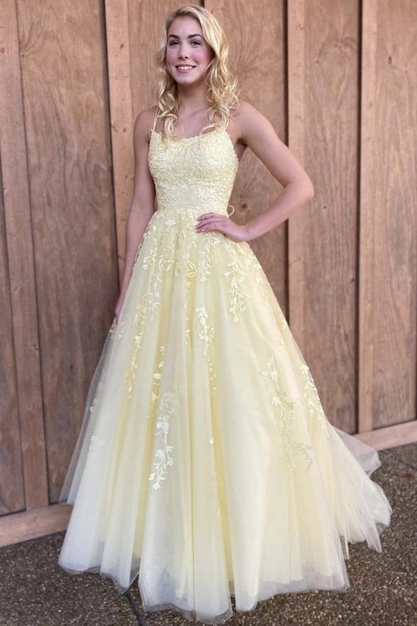 Yellow lace long prom dress A line evening dress CD17255