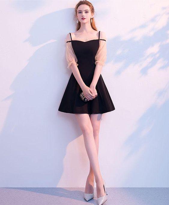Simple black short dress, black homecoming dress CD1725
