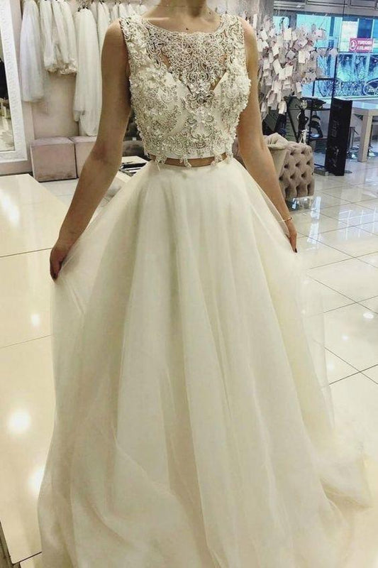 White two pieces lace tulle long prom dress, white evening dress CD17283