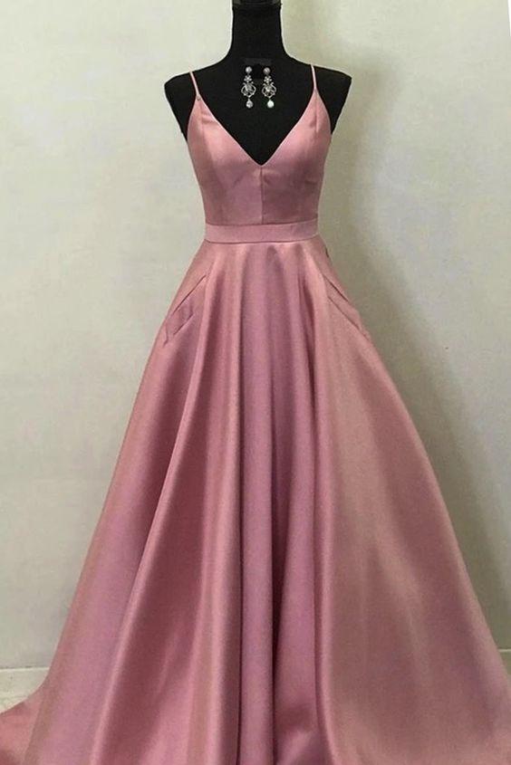 Simple Pink Satin V Neck Long A Line Pocket Prom Dress, Party Dress CD17318
