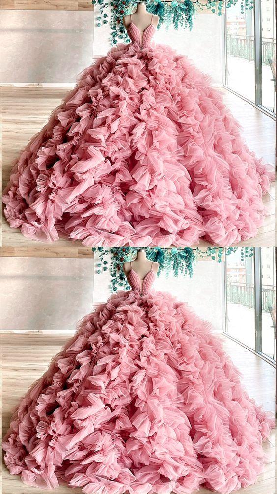 prom dresses beautiful pink ball gown ruffles dresses CD12380