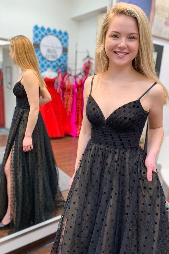 Elegant Black Polka Dot Print Prom Dress with Slit CD17440