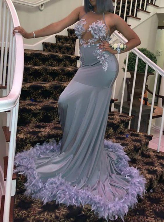 Gray Mermaid Halter Satin Backless Lace Appliques Prom Dresses, Feather Sweep Train Evening Dresses CD17452