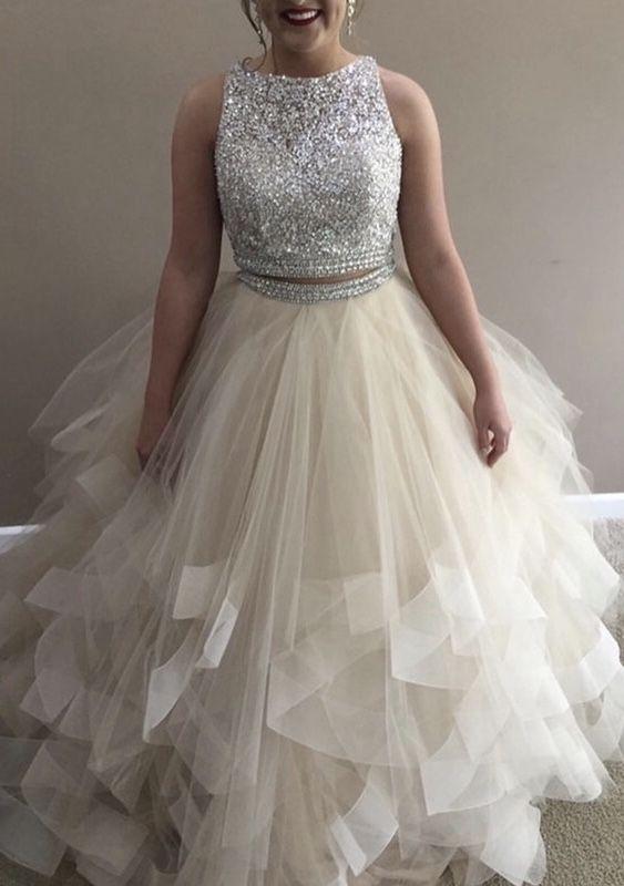 Champagne prom dresses two piece CD17486