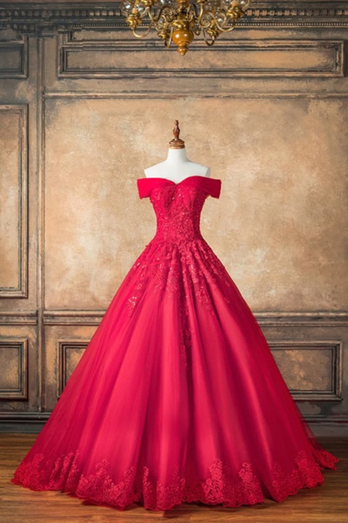 Red Tulle Off Shoulder Long V Neck Prom Dress, Lace Formal Dress CD17506