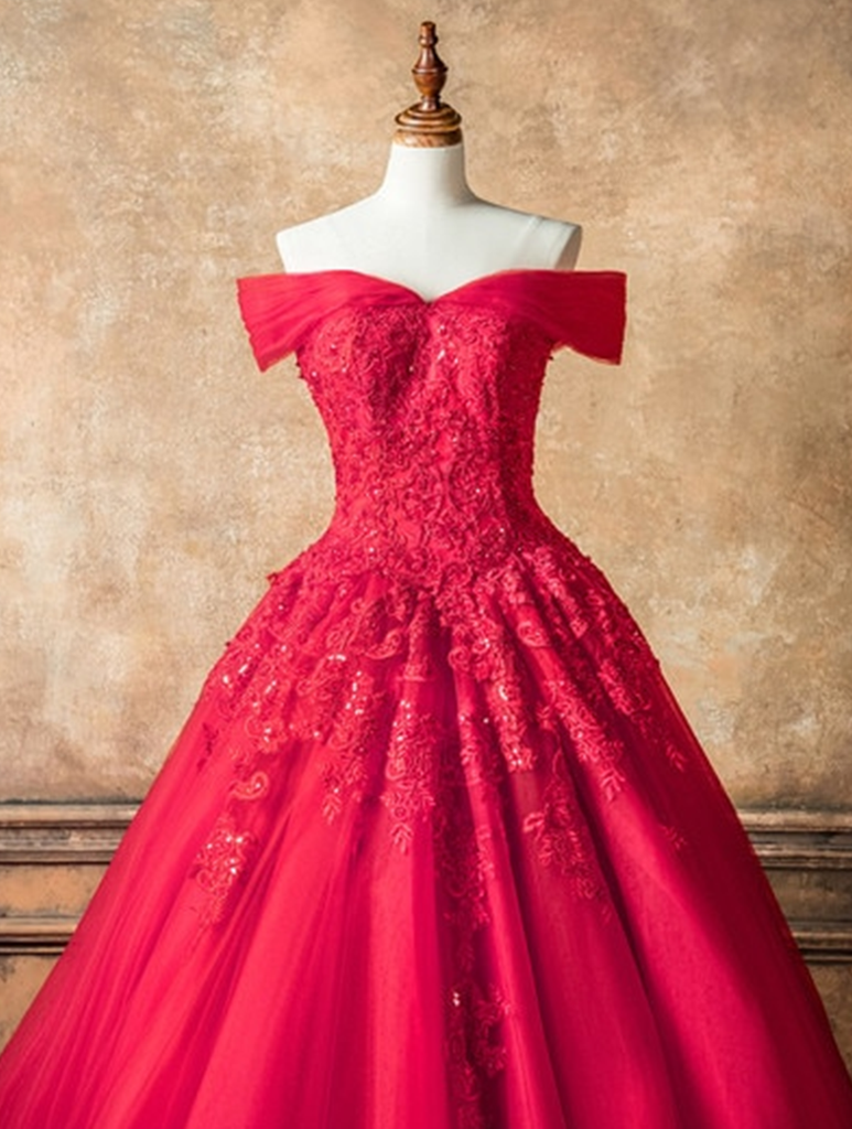 Red Tulle Off Shoulder Long V Neck Prom Dress, Lace Formal Dress CD17506