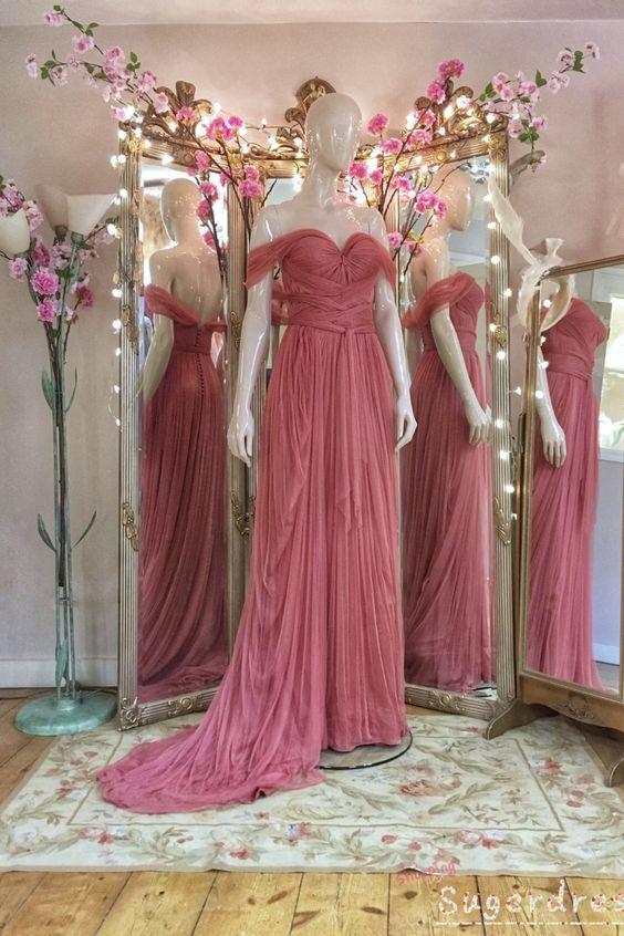Vintage Pleated Off the Shoulder Rose Pink Prom Dress CD17515