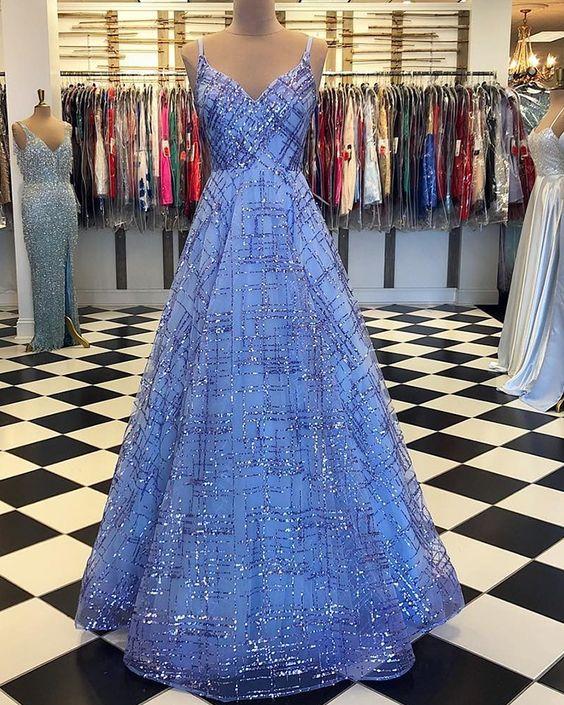 Spaghetti Straps Sequin Pattern Blue Sparkle Prom Dress CD17543
