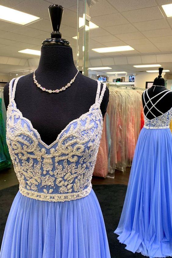 Double Straps Beaded Blue Prom Dress CD17579