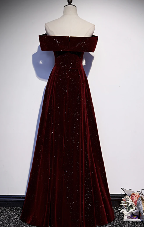 Burgundy velvet long prom dress evening dress CD17583