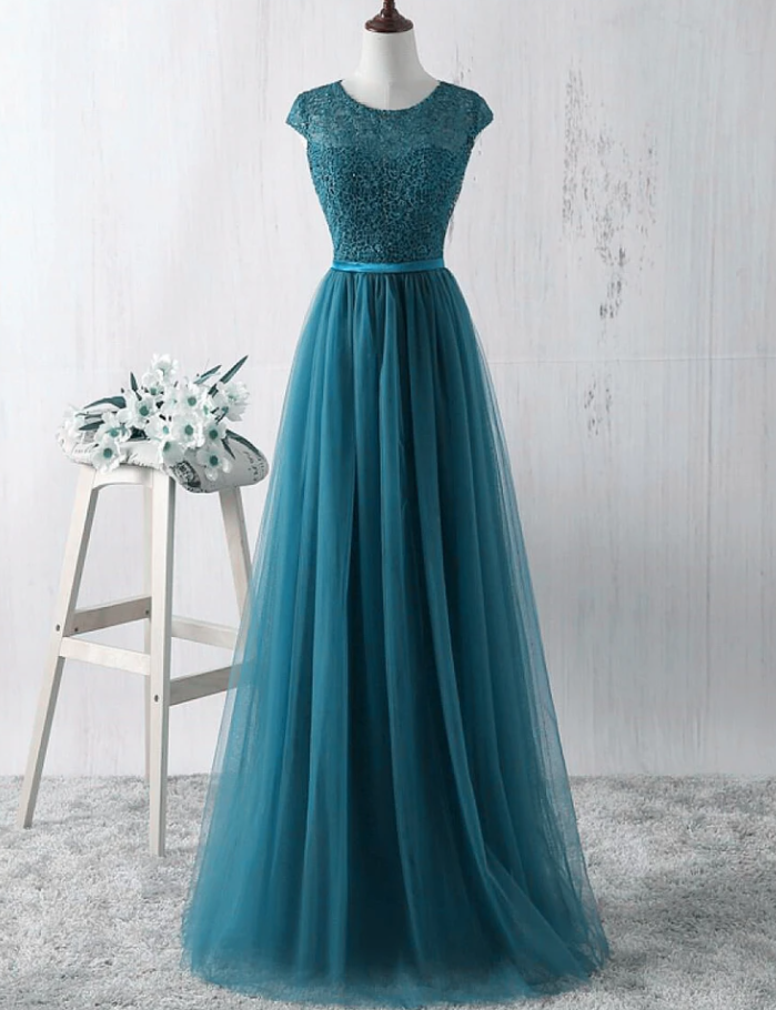 Simple Teal Blue Lace And Tulle Bridesmaid Dresss, Long Prom Dress, Party Dress CD17587