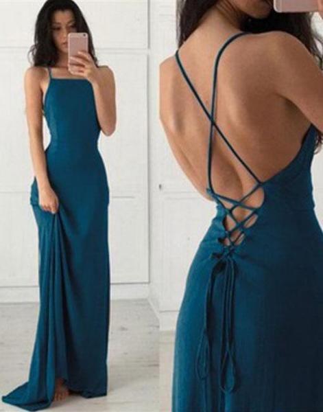 Simple Sexy Backless Teal Chiffon Long Evening Prom Dresses, Popular Cheap Long CD17679