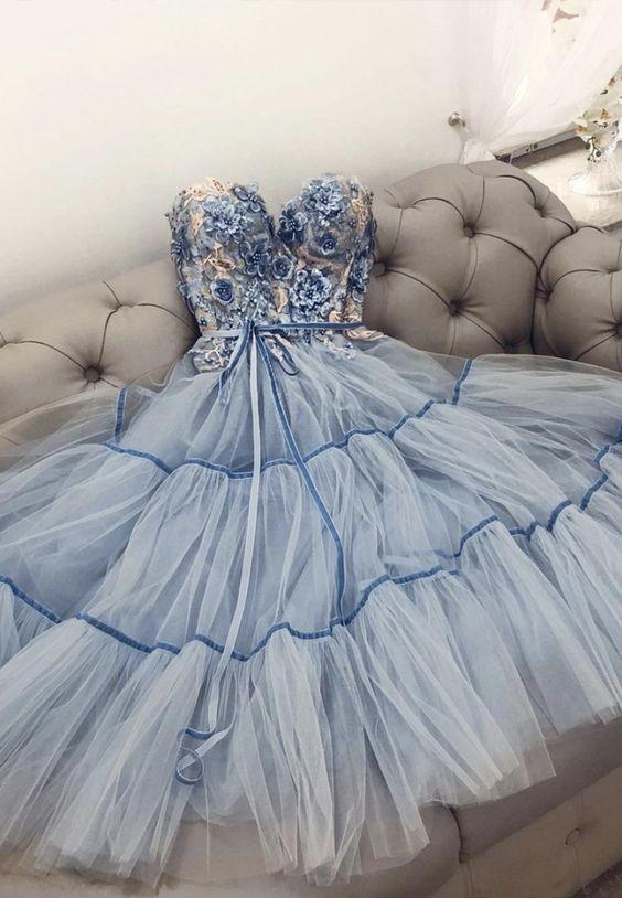 Blue lace short prom dress lace CD17693