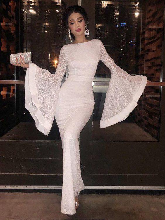 Flare Sleeve Lace Fitted White prom Evening Dress CD1776