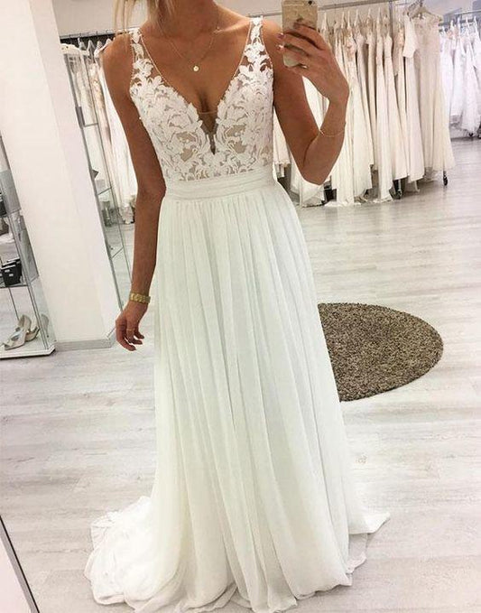 White v neck lace chiffon long prom dress, white lace evening dress CD1777