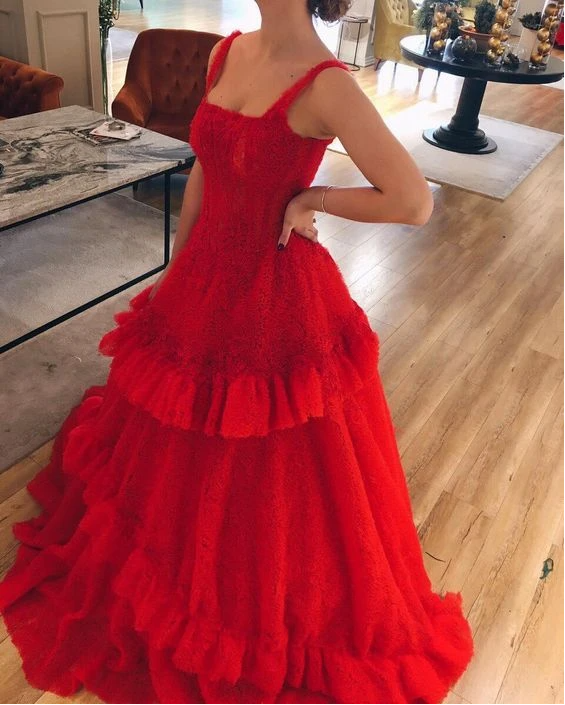 A-line red tulle and lace appliqued long plus size formal dress prom dress CD17793
